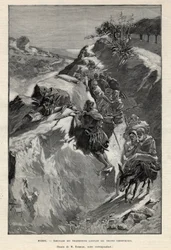 Andjera bergsuppror i Marocko: bakhåll av Angherrister som väntar på sherifftrupper. Gravyr i "Le monde illustree" från 1892. Privat samling.