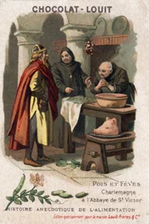 Anekdotisk historia av mat: ärtor och feber. Karl den Store (Karl I, känd som Karl den Store, 742-814) frågar efter receptet från munkarna i klostret Saint Victor som tillagade ärter på ett anmärkningsvärt sätt. Choklad-Louit kromolitografi, sent 1800-tal