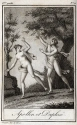 Apollo och Daphne. Nymfen Daphne förvandlas till en lagrar för att fly Apollo. Gravyr från 1819 i "Lettres a Emilie sur la mythologie" av Charles Albert Demoustier (1760-1801). Privat samling.