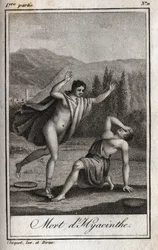 Apollo och Hyacinthos (Hyacinthes död) Gravyr från 1819 i "Lettres a Emilie sur la mythologie" av Charles Albert Demoustier (1760-1801). Privat samling.