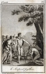 Apollon och Pythonormen på berget Parnassus. Gravyr från 1819 i "Lettres a Emilie sur la mythologie" av Charles Albert Demoustier (1760-1801). Privat samling.