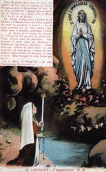 Uppkomsten av Jungfru Maria Bernadette Soubirous (1844-1879) i grottan Lourdes - Hautes Pyrenees (65) vykort omkring 1900.