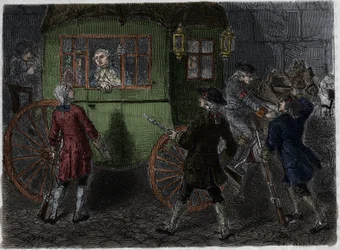 Gripande av Ludvig XVI (1754-1793) och hans flyende familj i Varennes den 21 juni 1791. Gravyr från 1866 i "Histoire de la Revolution francaise"" av Adolphe Thiers. .