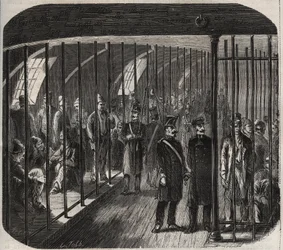 Ankomst av styrkorna ombord under konvojen från Toulon till Cayenne (Guyana) i enlighet med dekretet av den 8 december 1851. Gravyr i "Historia om fängelserna från deras tillkomst till våra dagar" (1877) av Pierre Zaccone (1817- 1895) (Colonia Penale - Pen