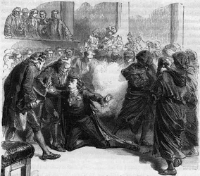 Mordet på Gustav III av Sverige - mordet på Gustav III (1746-1792), Sveriges kung, under maskeradbalen på Kungliga Operan i Stockholm av Jacob Johan Ankarström - gravyr i ”Histoire des Girondins” av Alphonse de Lamartine (1790)