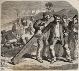 Flyktförsök vid fortet Belle-Ile-en-Mer (vacker ö till havs) på 1800-talet. Gravyr i "Fångarnas historia från deras skapelse till idag" (1877) av Pierre Zaccone (1817-1895) (Colonia Penale - Straffkoloni). Privat samling.