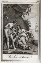 Bacchus et Ariane (Bacchus och Ariadne) Gravyr från 1819 i "Lettres a Emilie sur la mythologie" av Charles Albert Demoustier (1760-1801). Privat samling.