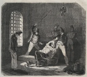 Prison of Brest: caning. Gravyr i "Fångarnas historia från deras skapelse till idag" (1877) av Pierre Zaccone (1817-1895) (Colonia Penale - Straffkoloni). Privat samling.