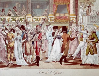 Bollmask på Parisoperan. Litografi av Bosio. 1800-talets Paris, Musee Carnavalet