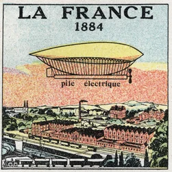Ballonger: luftskeppet "" La France"" 1884 med det elektriska batteriet som uppfanns av fransmännen Renard och Krebs. Anonym illustration från 1925. Privat samling.