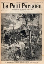 Bandit i Turkiet, ett tåg attackerat av rånare nära Konstantinopel. Gravyr i "" Le petit Parisien"" från 1891. Privat samling.