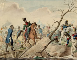 Bataille de Leipzig (bataille des Nations) - En episod från slaget vid Leipzig - Anonym - 1813 - Akvarell på papper - 16,2x20,8 - Privat samling