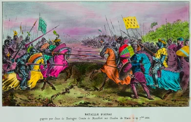 Slaget vid Auray den 29 september 1364, sista striden i tronföljden av Bretagne mellan en anglobretonsk armé mot order av Johannes IV av Bretagne (John III av Montfort, Jean Le Conquereur eller Le Vaillant
