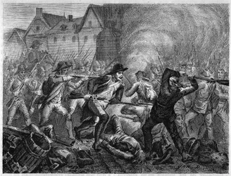 Slaget vid Le Mans 1793 under Vendeekriget. Gravyr från 1866 i "Histoire de la Revolution francaise"" av Adolphe Thiers. Privat samling.