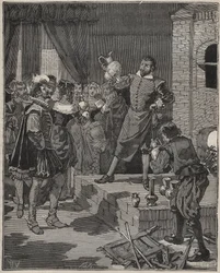Bernard Palissy (1510-1589), fransk triumferande keramiker, tar bort sina första bitar av emalj från ugnen. Gravyr från 1880 i "" Les arts et metiers illustres"" av Adolphe BITARD.