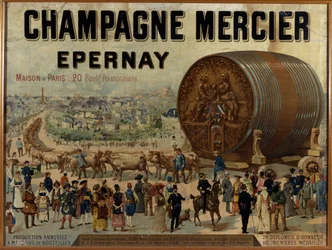 Stor tunna champagne utställningar på Expo Universelle de 1889 - Reklamaffisch för Mercier champagne, sent 1800-tal