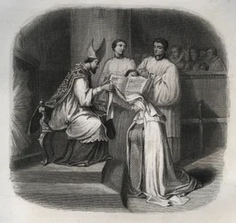 Den saliga Maria av Inkarnationen (Barbe Jeanne Avrillot) (1566-1618), fransk mystiker, tar emot karmeliternas slöja 1614. Gravyr från 1846 i "Helgonens liv". Privatsamling.