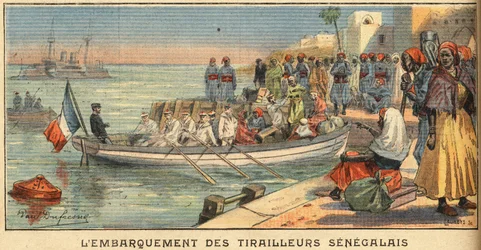 Ombordstigning senegalesiska ryttare med sin fru. Gravyr från tidningen "" Le Petite Parisien"", 1908-03-22. Privat samling.