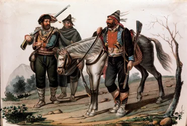 Brigandage i Kalabrien, Italien. 1800-talsgravyr Privat samling