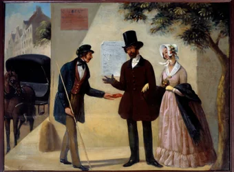 Cabaretskylt "" Au coc fidele"", en parisisk kusk som erbjuder sina tjänster till ett par. Anonym målning från 1800-talet. Sol. 0,64x0,84 m Paris, Musee Carnavalet