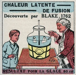 Kalorimetri: den latenta fusionsvärmen som upptäcktes av Joseph Black (1728-1799) 1761-1762. Resultat för is. Anonym illustration från 1925. Privat samling.