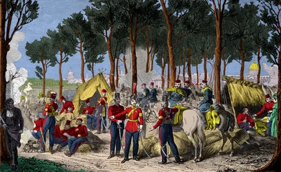 Camping av ryska och engelska trupper vid Champs Elysees i Paris i juli 1815 efter Napoleon 1:s nederlag, gravyr, privat samling