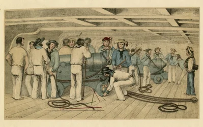 "" Brittiska marinskyttar på däck "" (Brittiska marinskyttar på gevärsdäck) Anonym litografi ca 1850 Dim 21,9 x 28,6 cm Privat samling