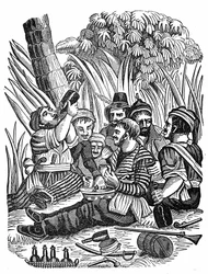 Kapten Bartholomew Roberts besättning vilar nära Old Calabar River, sent 1600-tal. Gravyr av "" Piratens egen bok"" 1837.