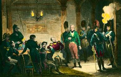 Fall av Louis de Bourbon, hertig av Enghien (1772-1804): platsen för rättegången mot prinsen misstänkt för att ha konspirerat mot den förste konsuln Napoleon Bonaparte, han dömdes och avrättades utan bevis. Gravyr från 1804. Privat samling - The Judgem