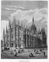 Katedralen i Milano (Duomo, Milano), Italien. gravyr av 1859 i "" gallerierna i Europa - Italien"" av armengaud. Privat samling.