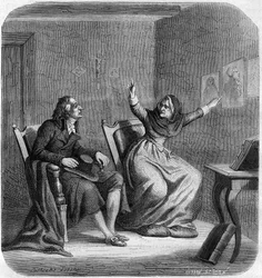 Catherine Theot (1716-1794) mystisk och fransk visionär med Antoine Christophe Gerle, dit Dom Gerle (1736-1801) - Gravyr i "Histoire des Girondins" av Alphonse de Lamartine (1790-1869) 1865-1866 - Privat samling