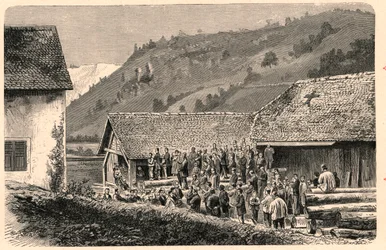 Firande av katolsk gudstjänst i Saint Ursanne (Saint Ursanne) i Schweiz 1874, efter ett fotografi. Gravyr i "The Catholic Missions in the XIXth Century"" av Louis-Eugene (Louis Eugene) Louvet. privat samling.