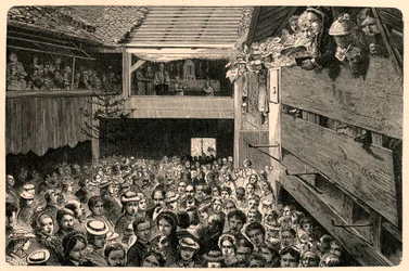 Firande av den katolska gudstjänsten i Porrentruy, Schweiz 1874, efter ett fotografi. Gravyr i "Les Missions Catholiques au XIXeme Siecle"" av Louis-Eugene (Louis Eugene) Louvet. privat samling.