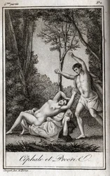 Cephale och Procris (Cephalus) par älskare. Gravyr från 1819 i "Lettres a Emilie sur la mythologie" av Charles Albert Demoustier (1760-1801). Privat samling.
