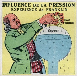 Förändringar i tillstånd: påverkan av tryck. Franklins kokpunkt, Benjamin Franklins erfarenhet (1706-1790) för att bevisa att vatten kan koka vid mindre än 100 grader. Anonym illustration från 1925. Privat samling.