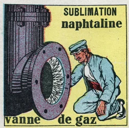 Förändringar i tillstånd: sublimering. Naftalindepå täpper igen en gasventil. Anonym illustration från 1925. Privat samling.