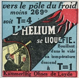 Ändringar i tillstånd: ångor. Holländska Heike Kammerling Ones (1853-1926), från Leiden, lyckades göra helium flytande 1908. Anonym illustration från 1925. Privat samling.