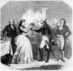 Charles Francois du Perier dit Dumouriez (1739-1823), fransk general vid Madame Roland (Manon Roland) (1754-1793) - Gravyr i "Histoire des Girondins" av Alphonse de Lamartine (1790-1869) 1865-1866 - Privat samling