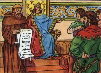 Karl IV Bel (1294-1328) påtvingade herrarna sin vilja. Anonym illustration i ""Samling av Frankrikes suveräner och statschefer"". 1900-talet. Privat samling.