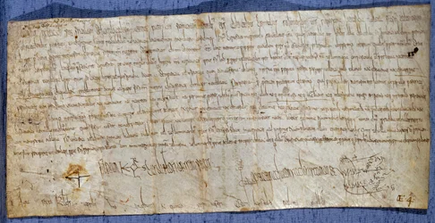 Kung Karl den stores privilegiebrev (Karl I, Karl den store eller Carolus Magnus) (742-814), som befriar klostret Saint-Denis från tullavgifter under marknaden. Slutet av 700-talet. Paris, Nationalarkivet
