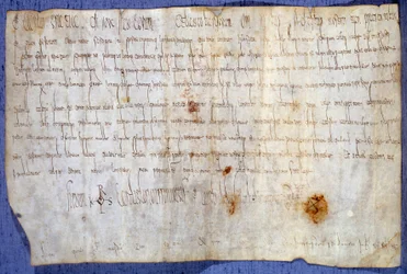 Kung Karl den stores privilegiebrev (Karl I, Karl den store eller Carolus Magnus) (742-814), som den 27/03/779 befriar klostret Saint-Germain-des-Prés från skatt. Paris, Nationalarkivet