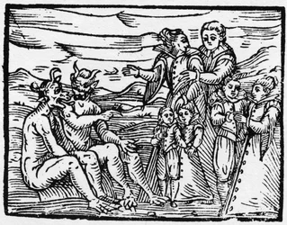 Barn som släpptes in på sabbaten för första gången - "" Compendium Maleficarum"", handlar om häxor, deras ondska och deras sortileges av Francesco Maria Guazzo eller Guaccio eller Guaccius (15?? -16??) 1608 privatsamling