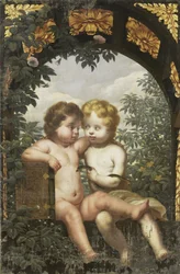 Kristen allegori med två barn med en bibel och en orm