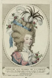 Coiffure Aux Charmes De La Liberte, Anonym. Kopparstick, akvarell, ca. 1790, Privat samling