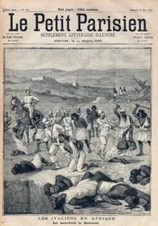 Italiens erövring av Eritrea. Massakrerna i Massawa (Eritrea). Gravyr i „Le Petit Parisien“ den 22-03-1891. Privatsamling.