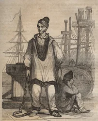 Övertygelser till evighet vid Rochefort Bagne på 1800-talet. Gravyr i "Historia om fängelserna från deras skapelse till idag" (1877) av Pierre Zaccone (1817-1895) (Colonia Penale - Straffkoloni)