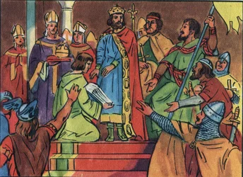Hugo Capets (941-996) kröning i Noyon 987 förrättad av Adalberon (ca 925-990), ärkebiskop av Reims. Denna kröning markerade början på den capetingiska dynastin, Frankrikes kungar som regerade direkt eller indirekt i 8 år. Anonym illustration.