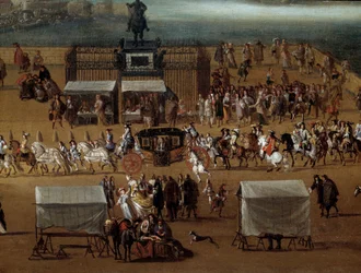Cortege som passerar framför statyn av Henri IV på Pont Neuf i Paris på 1600-talet Detalj. Anonym målning. Paris, Musée Carnavalet