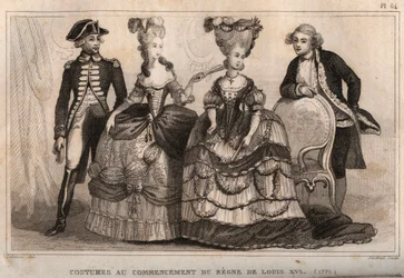 Kostymer i början av Ludvig XVI:s rege (1775). Gravyr från 1859 i "" Le Monde. Alla folks historia från de mest avlägsna tiderna till våra dagar”. av M. E. de Lostalot-Bachoue (Lostalot Bachoue). Privat samling.
