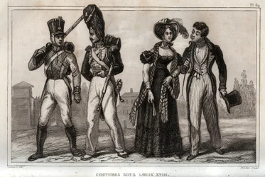 Kostymer under Ludvig XVIII. Gravyr från 1859 i "" Le Monde. Alla folks historia från de mest avlägsna tiderna till våra dagar”. av M. E. de Lostalot-Bachoue (Lostalot Bachoue). Privat samling.